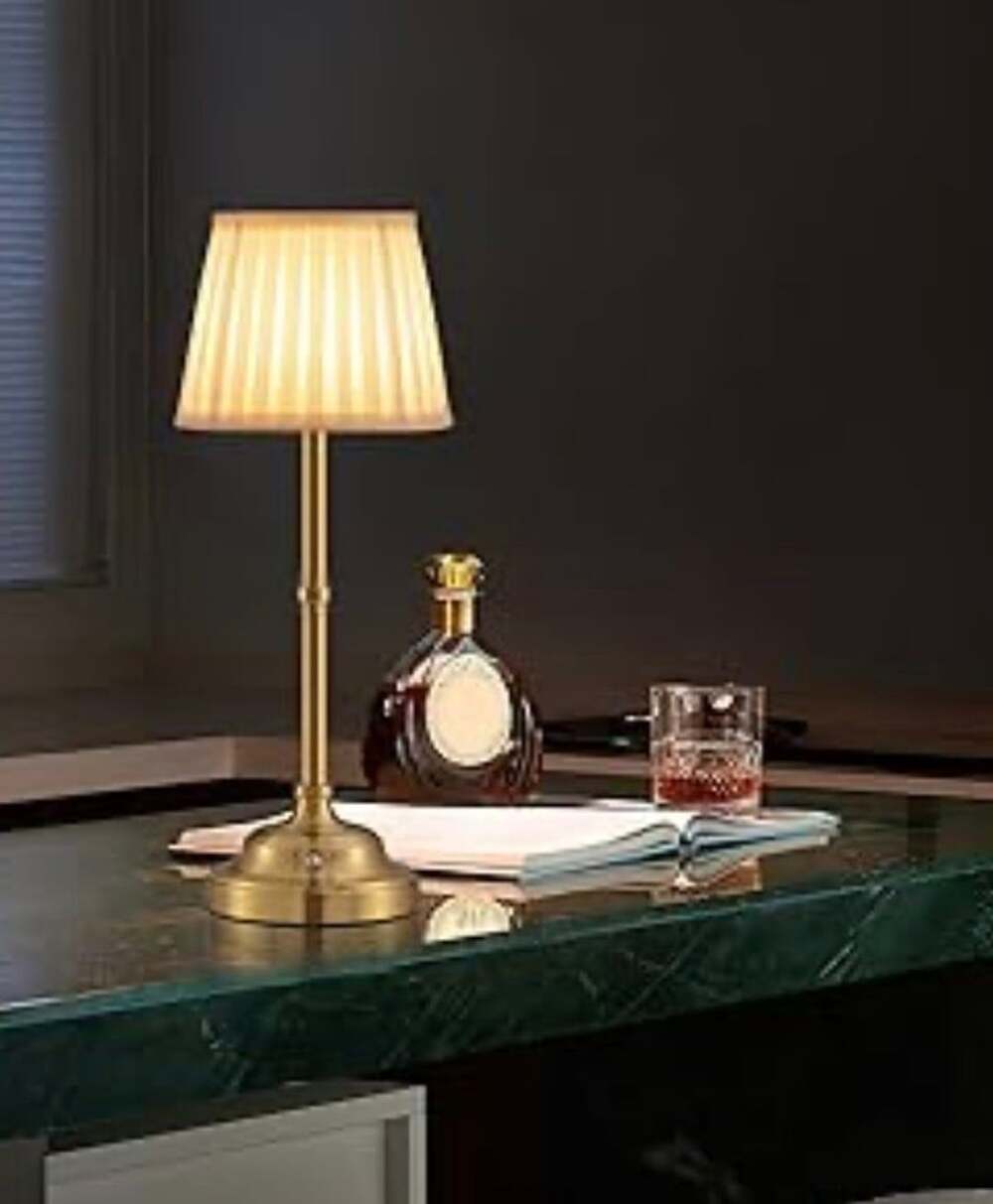 KDG Gold Cordless Portable LED Table Lamp, Beige Fabric Shade Desk Lamp